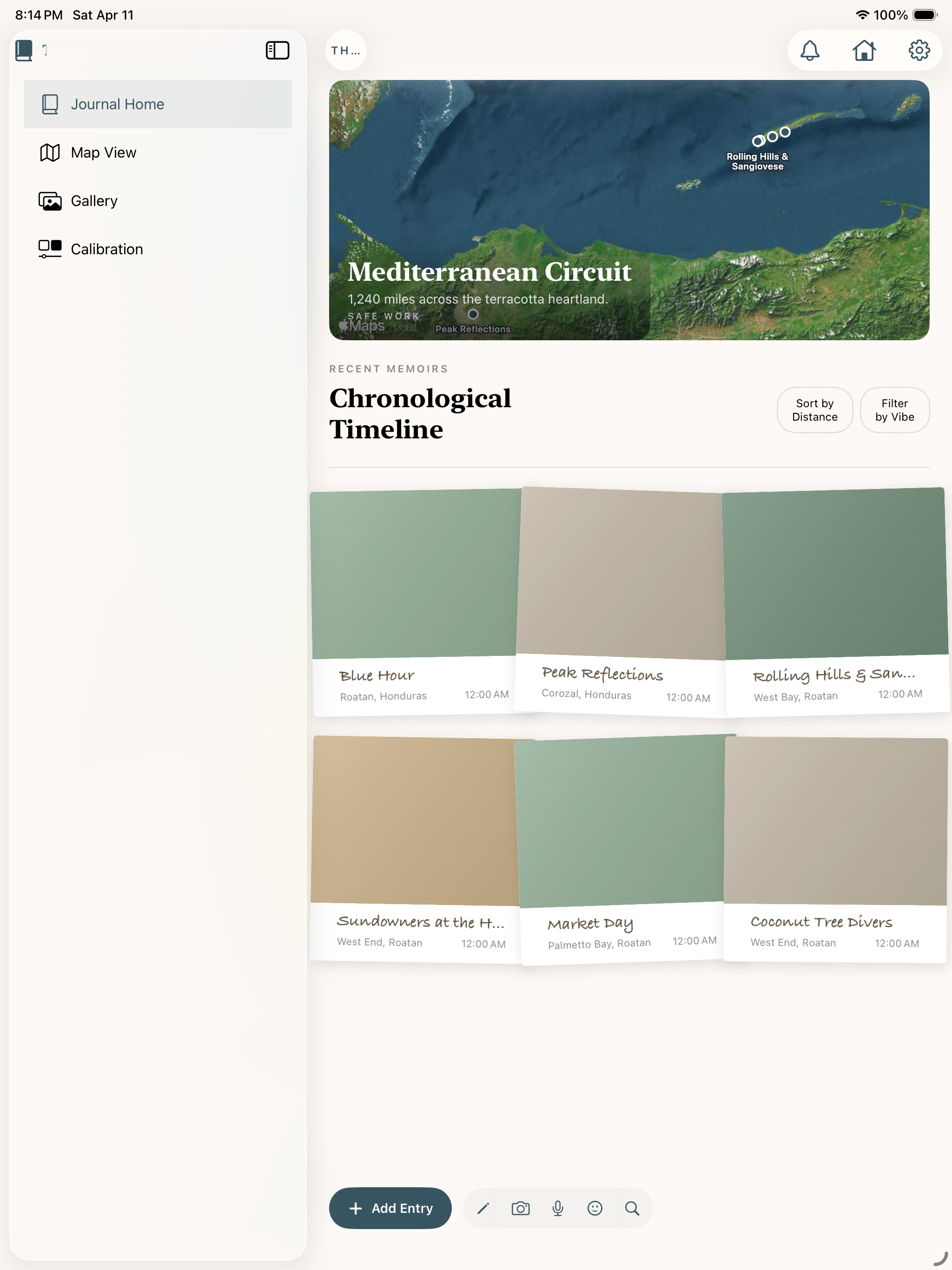Early travel journal app prototype showing a Mediterranean Circuit hero image and a Chronological Timeline grid of color-blocked memory cards labeled Blue Hour, Peak Reflections, Rolling Hills