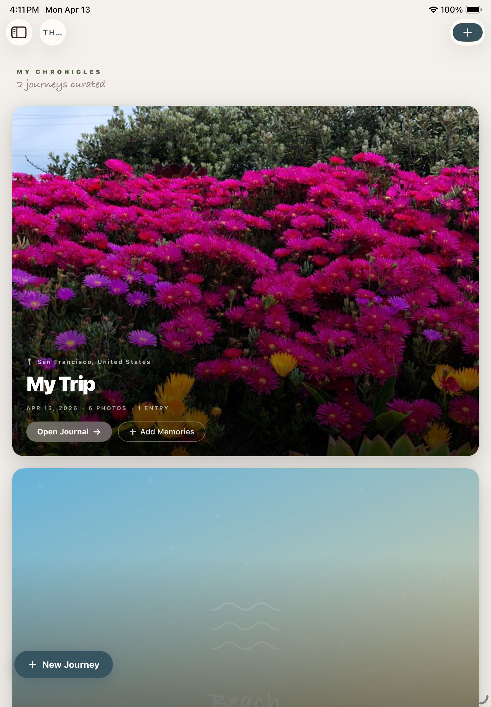 Travel journal home screen titled My Chronicles showing a featured trip card with a hero photo of bright pink ice plant flowers and an empty New Journey card below