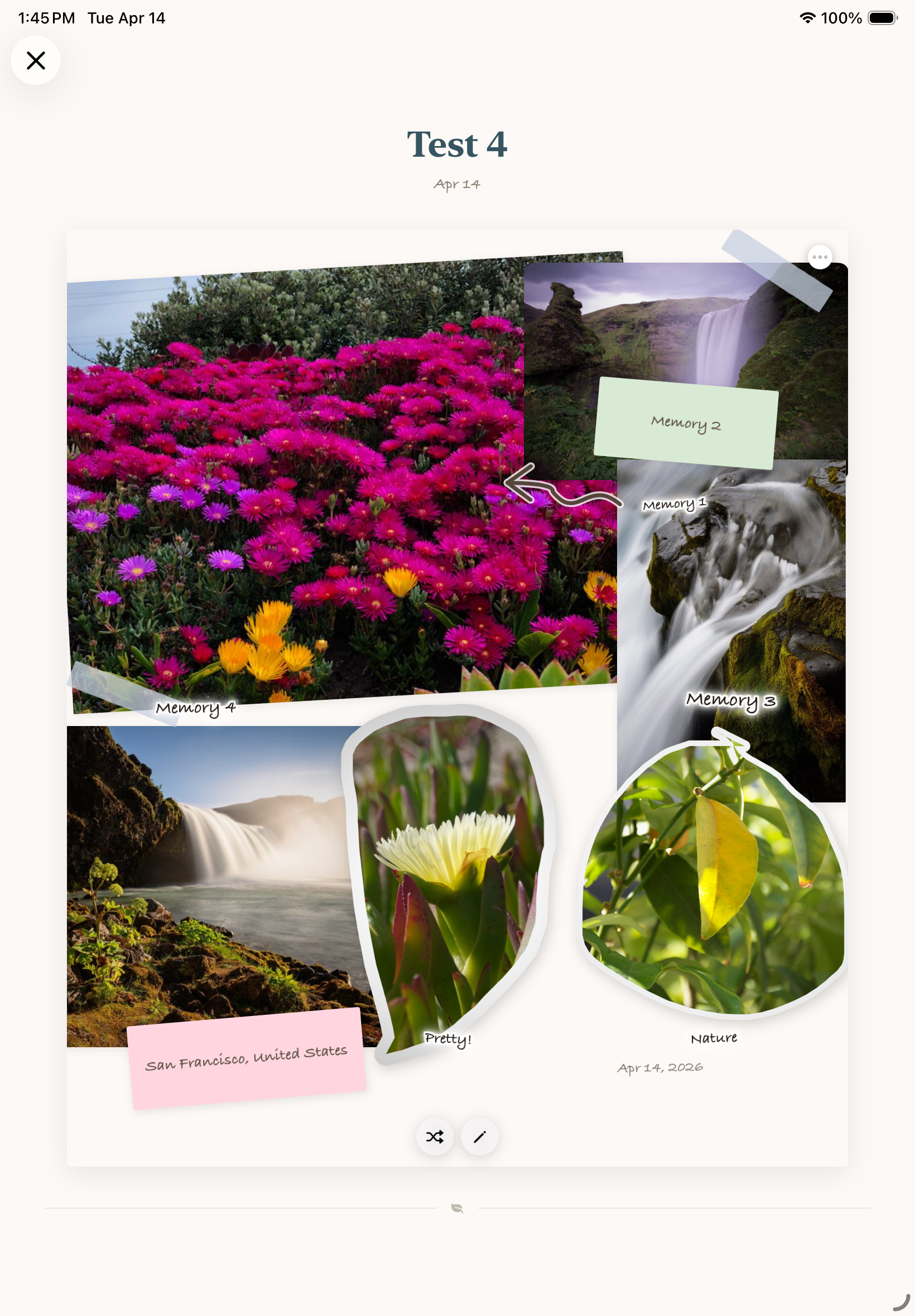 Travel journal scrapbook page titled Test 4 with five real photos including bright pink ice plant flowers, a waterfall, a hand reaching for water, a water lily, and a single yellow leaf. Photos are arranged at angles with washi tape and handwritten labels reading Memory 1, Memory 2, Memory 3, Memory 4, Pretty!, Nature, and a pink sticker reading San Francisco, United States