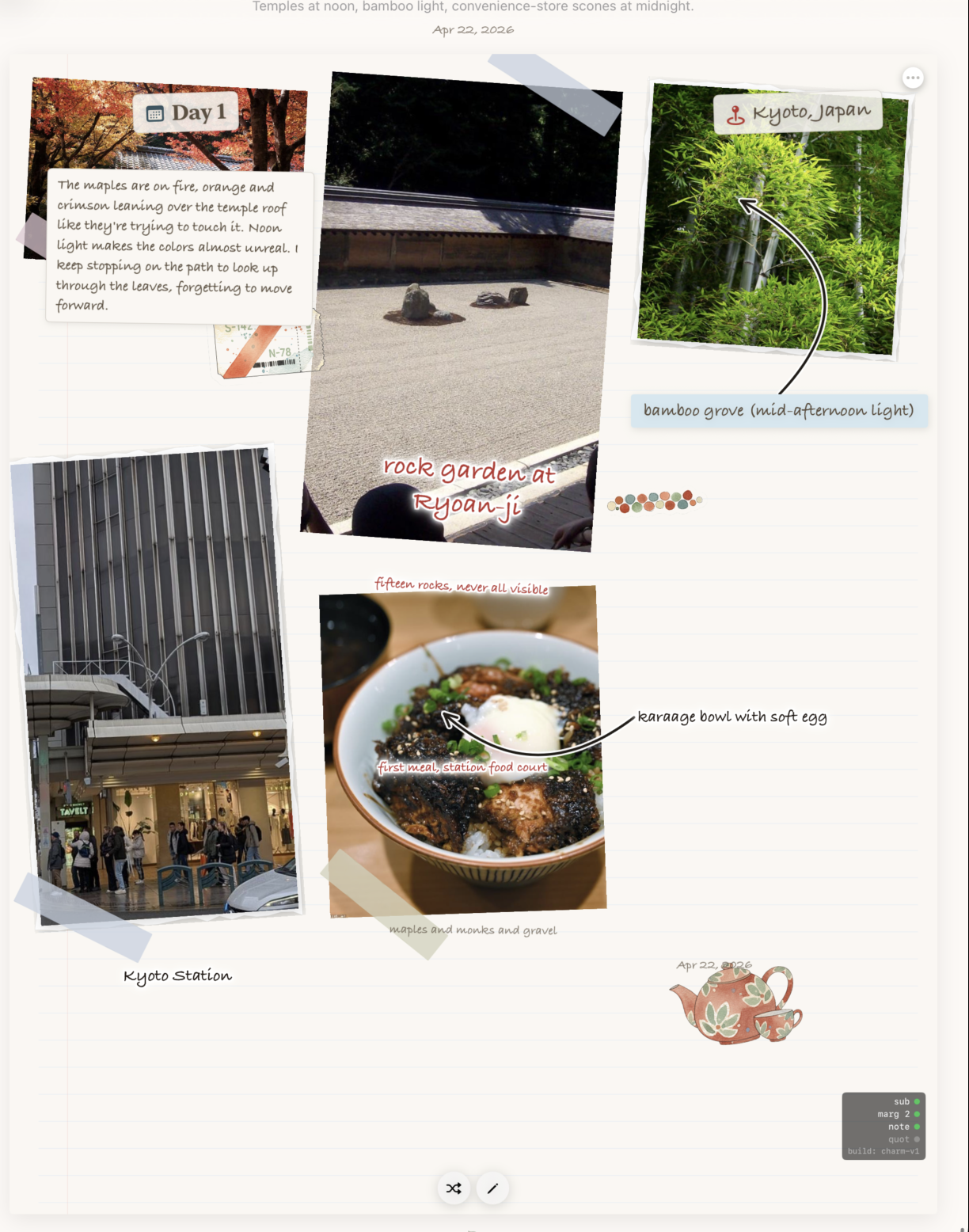 Kyoto Japan Day 1 entry showing photos of Ryoan-ji rock garden, a bamboo grove, Kyoto Station, and a karaage rice bowl with a soft egg, with handwritten-style annotations reading rock garden at Ryoan-ji, bamboo grove (mid-afternoon light), karaage bowl with soft egg, and a small ceramic teapot illustration