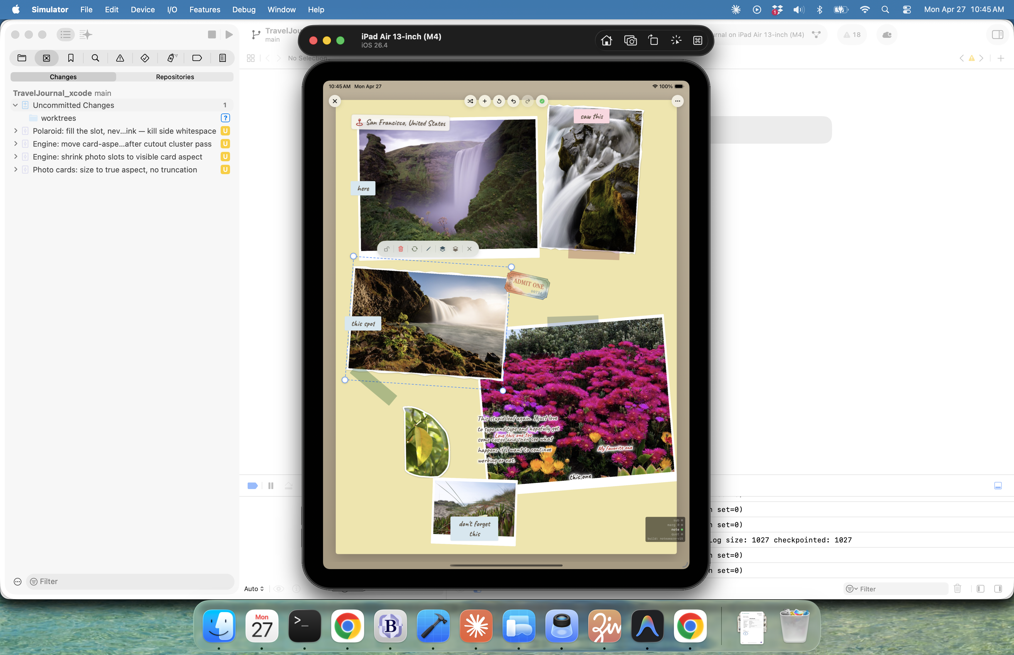 Mac desktop screenshot showing the Xcode simulator running the iPad travel journal app with a scrapbook layout of waterfall and flower photos visible, with development tools and a code editor in the background