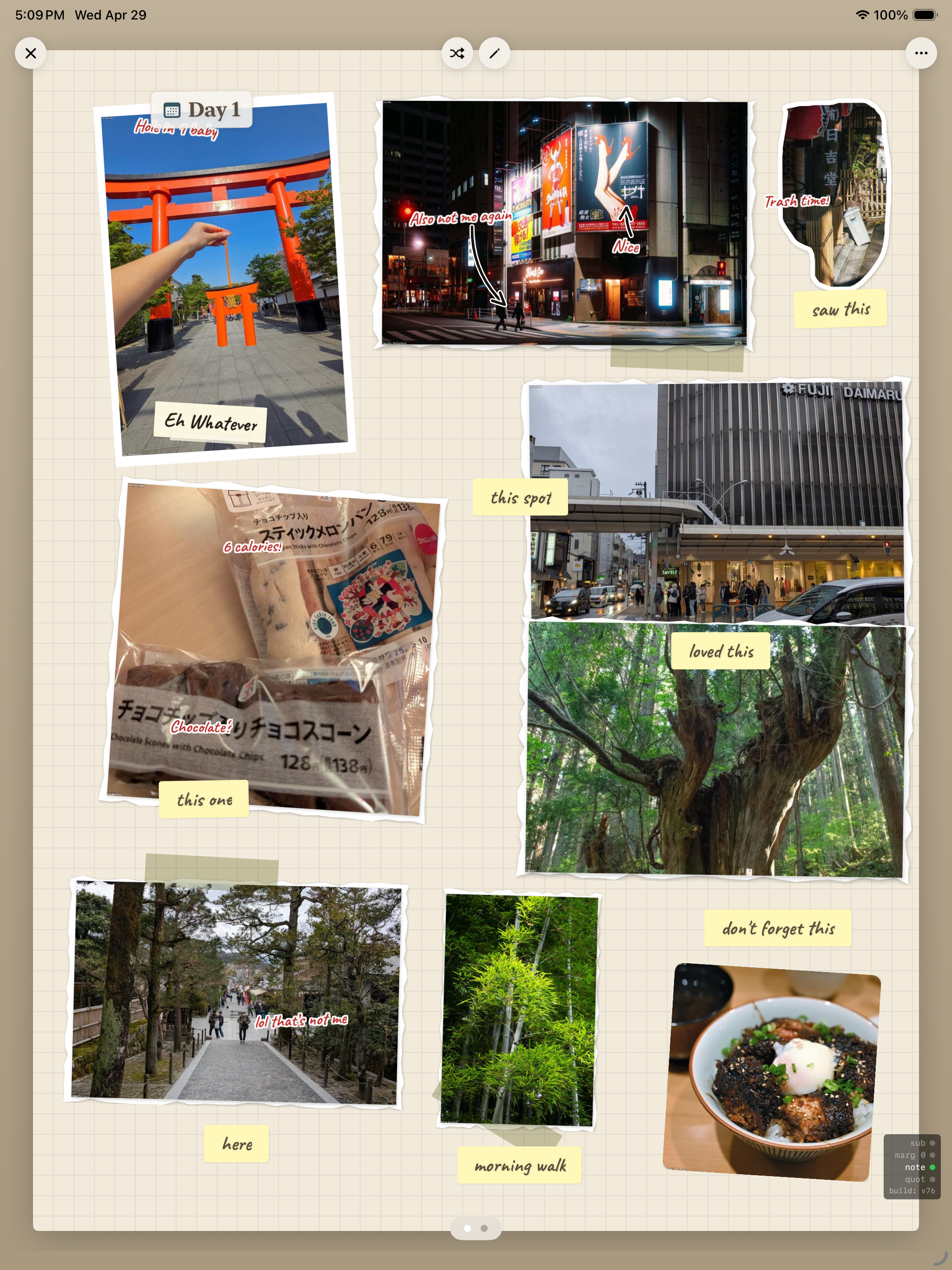Polished Kyoto Day 1 scrapbook page showing photos of Fushimi Inari torii gates, a Tokyo street at night, a bag of Japanese chocolate cones, a large old tree, a forest path, a bamboo grove, and a karaage rice bowl with handwritten labels Eh Whatever, this spot, loved this, this one, here, morning walk, don't forget this