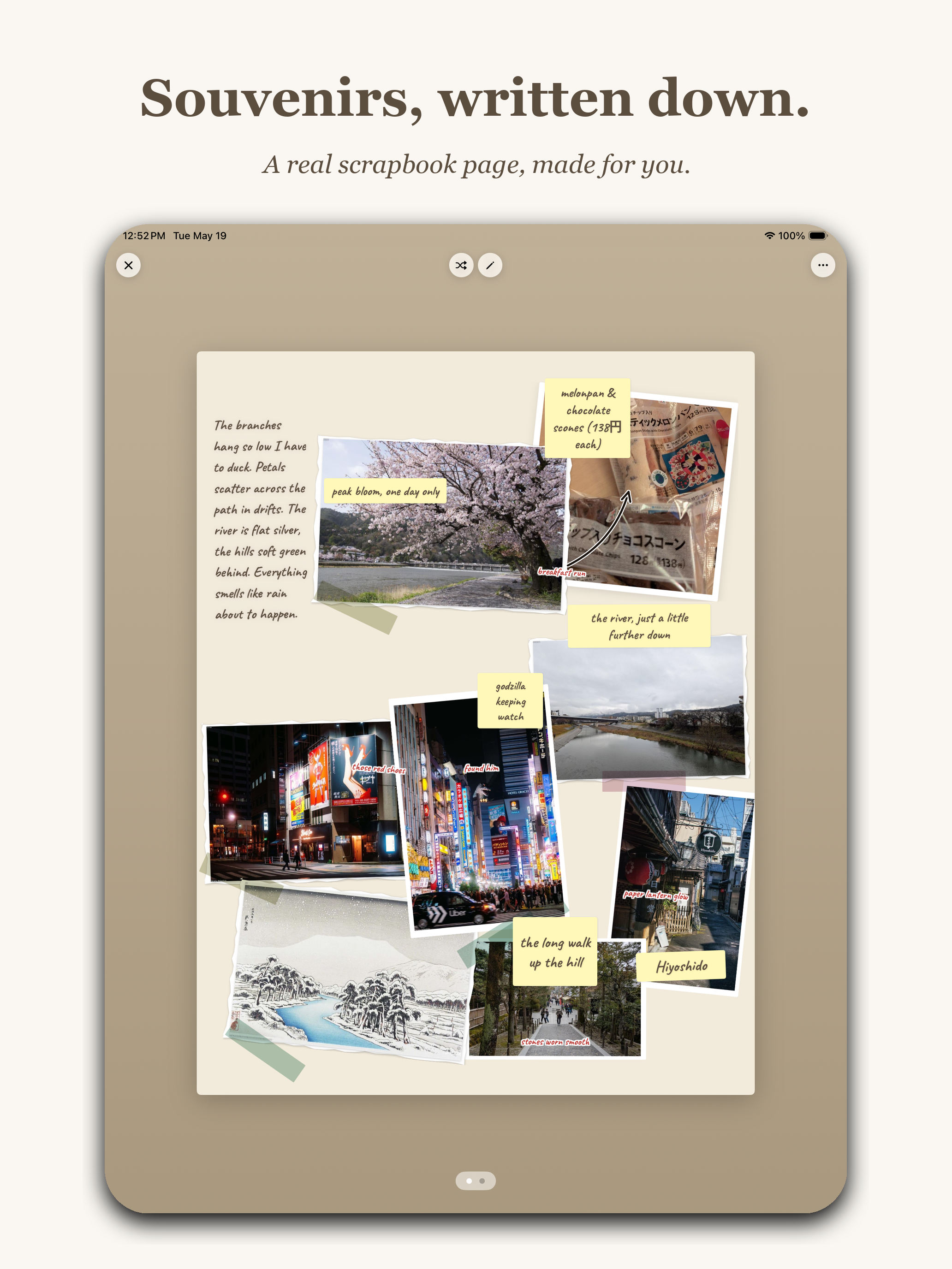 App Store marketing screenshot with headline Souvenirs, written down. and subtitle A real scrapbook page, made for you. Shows an iPad displaying a finished journal page on a beige background with multiple photos including cherry blossoms, a Tokyo neon street, a bridge, a snowy traditional Japanese print, washi tape, and yellow sticky-note captions reading peak bloom one day only, the river just a little further down, polish keeping watch, the long walk up the hill, washi tape and chocolate cones with crumbs only, and a body of handwritten prose down the left side describing the branches hanging low.