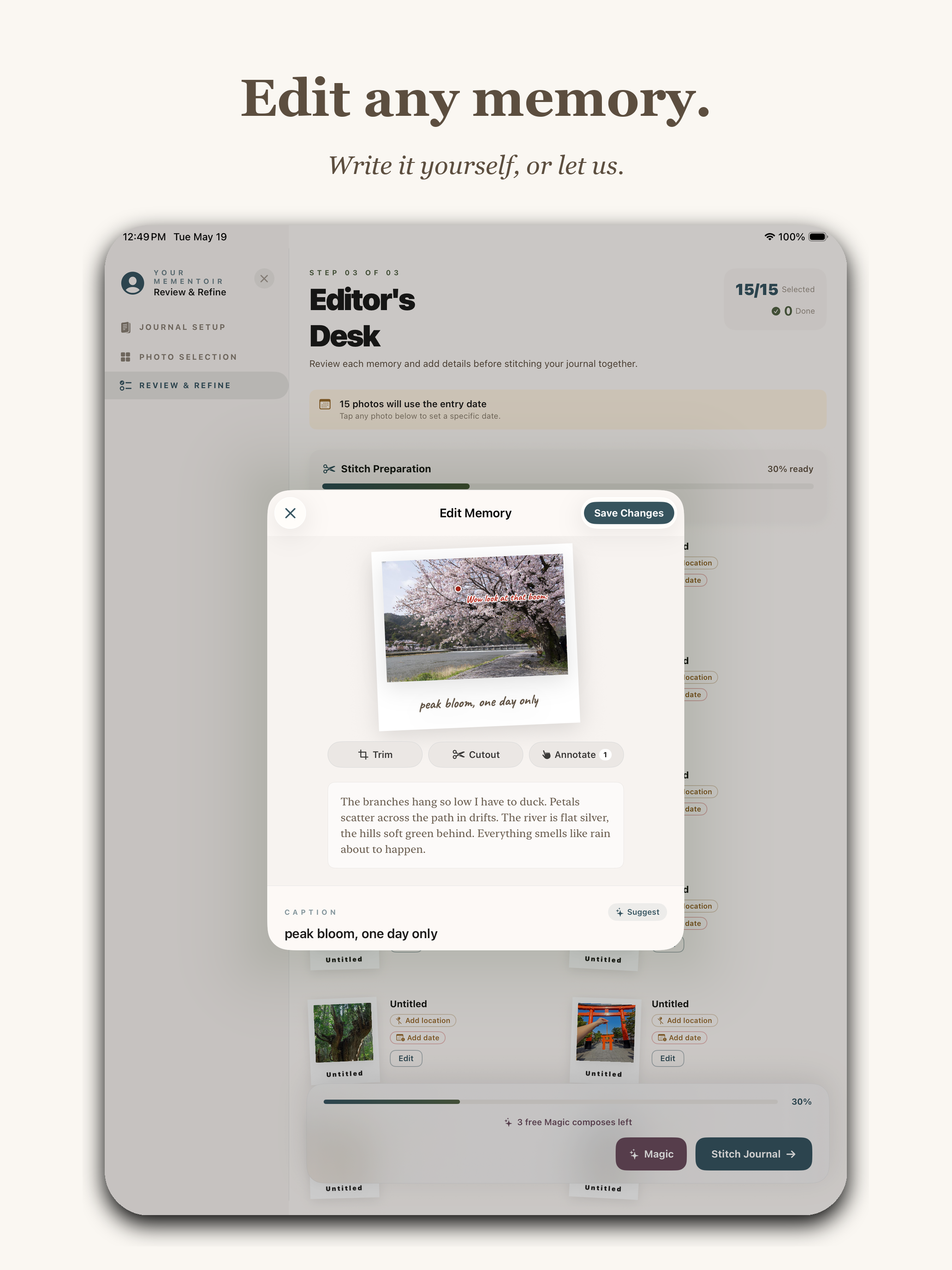 App Store marketing screenshot with headline Edit any memory. and subtitle Write it yourself, or let us. Shows an iPad with an Edit Memory modal open over the Editor's Desk review screen. The modal contains a cherry blossom photo with the caption peak bloom, one day only, three buttons reading Trim, Cutout, and Annotate, a longer body of prose about branches hanging low and petals scattering on the path, and a CAPTION field. A Suggest button is at the bottom of the modal alongside Save Changes.