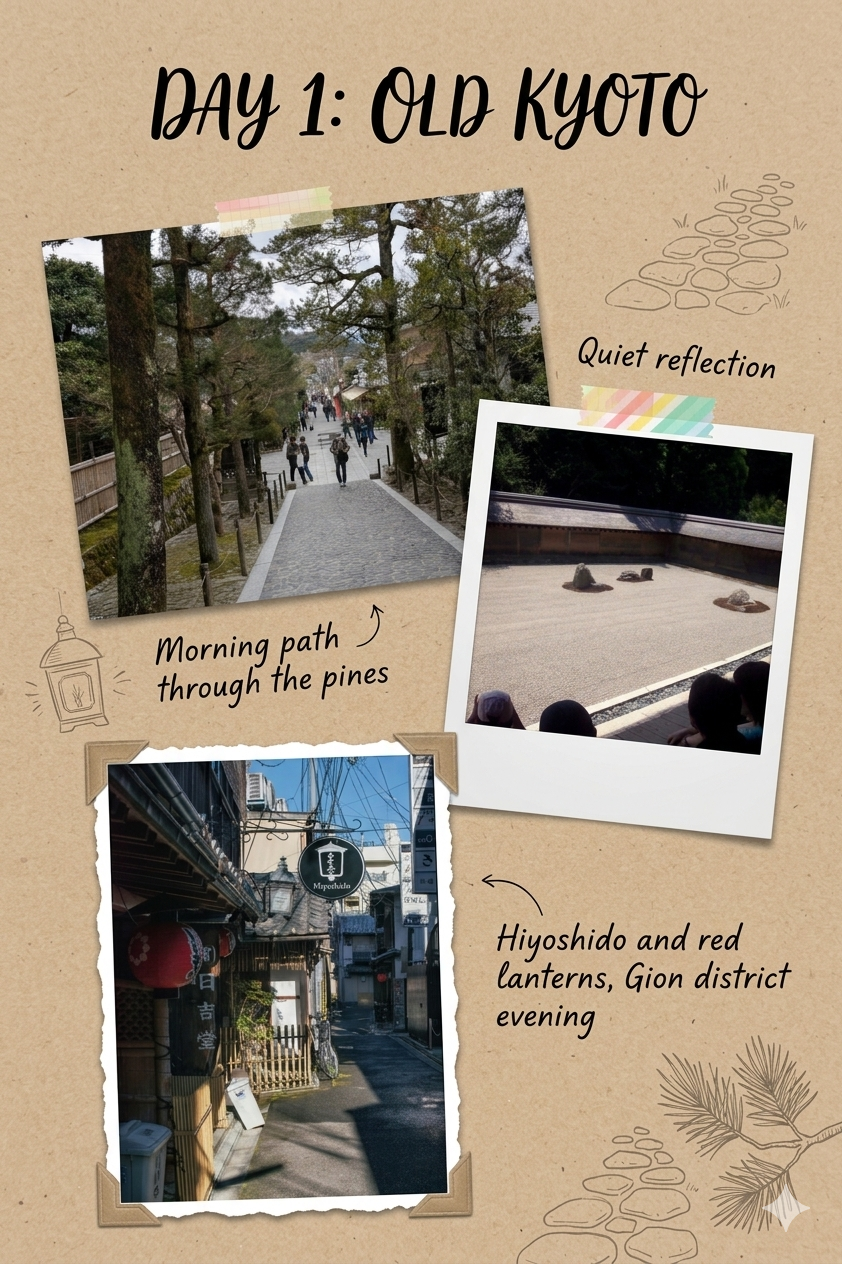 A Gemini-generated travel scrapbook image on a kraft-paper beige background. A bold handwritten title reads DAY 1: OLD KYOTO. Below it sit three angled Polaroid-style photos: top left, a tree-lined morning pathway through the pines with figures walking up it, labeled in handwritten script Morning path through the pines with a small drawn arrow; middle right, a Zen rock garden seen from above viewing figures, labeled Quiet reflection with washi tape across the top; bottom left, a narrow Kyoto alley lit by red lanterns with traditional storefronts, labeled Hiyoshido and red lanterns, Gion district evening with a drawn arrow. Small line-drawing decorations of stacked rocks, a lantern, and pine branches sit in the corners.
