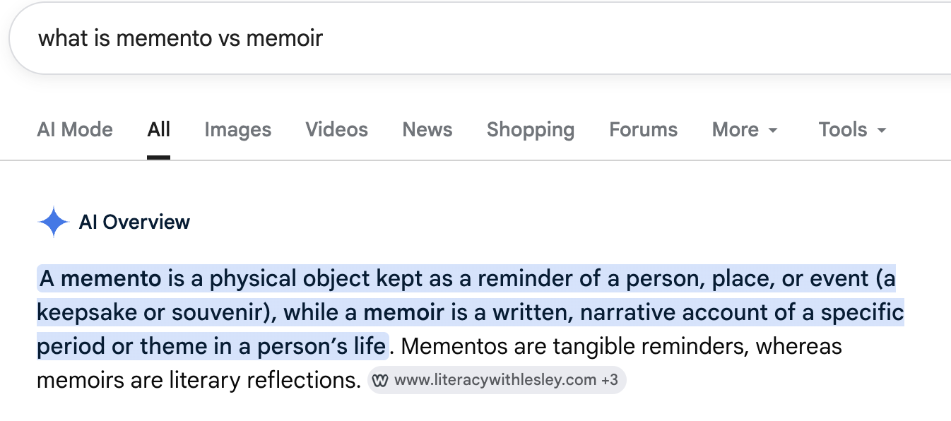 A Google search result page for the query what is memento vs memoir. Below the search tabs (AI Mode, All highlighted, Images, Videos, News, Shopping, Forums, More, Tools) is a section titled AI Overview with a small purple sparkle icon. The summary text reads: A memento is a physical object kept as a reminder of a person, place, or event (a keepsake or souvenir), while a memoir is a written, narrative account of a specific period or theme in a person’s life. The first sentence is highlighted in pale blue. A second sentence reads: Mementos are tangible reminders, whereas memoirs are literary reflections. Below the summary a citation chip shows www.literacywithlesley.com plus 3.