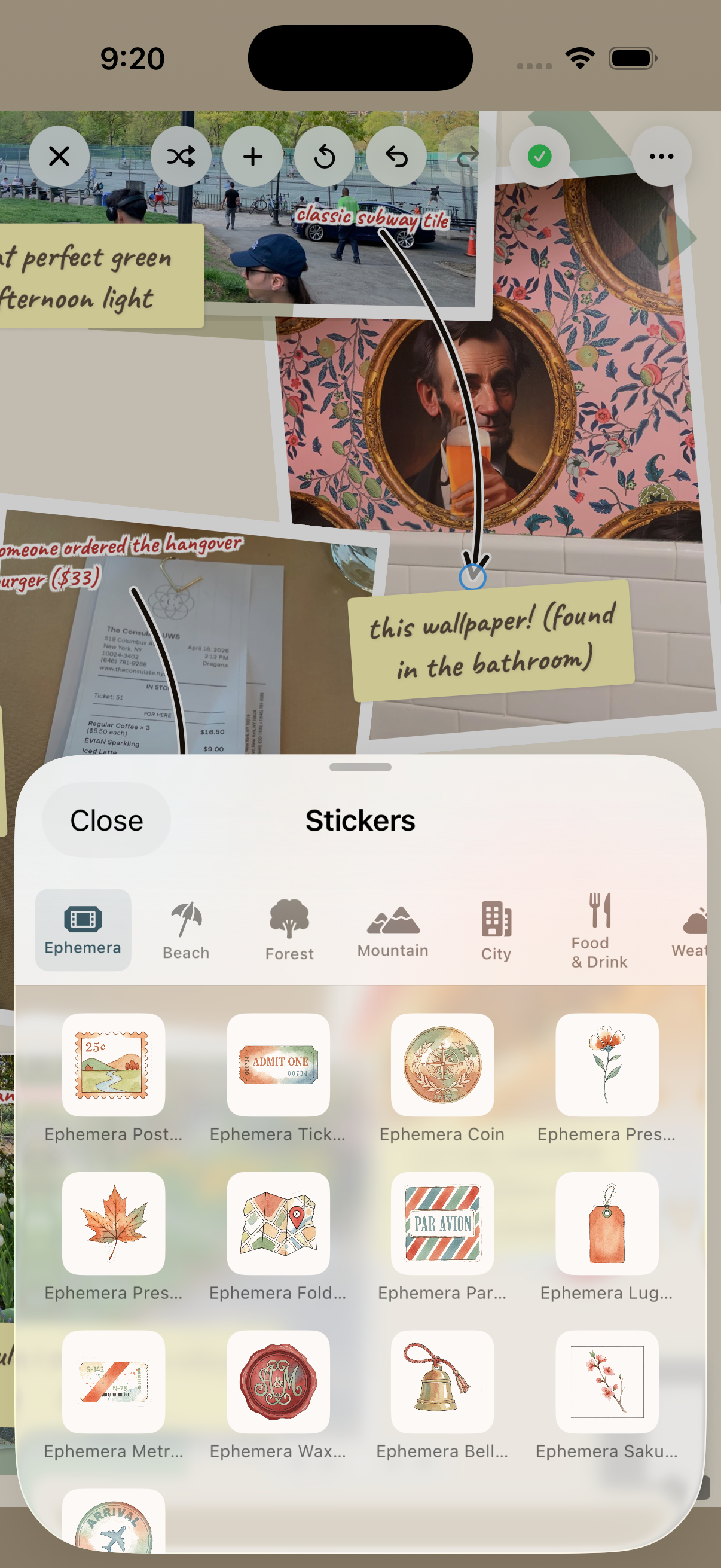 Sticker picker open over the journal canvas