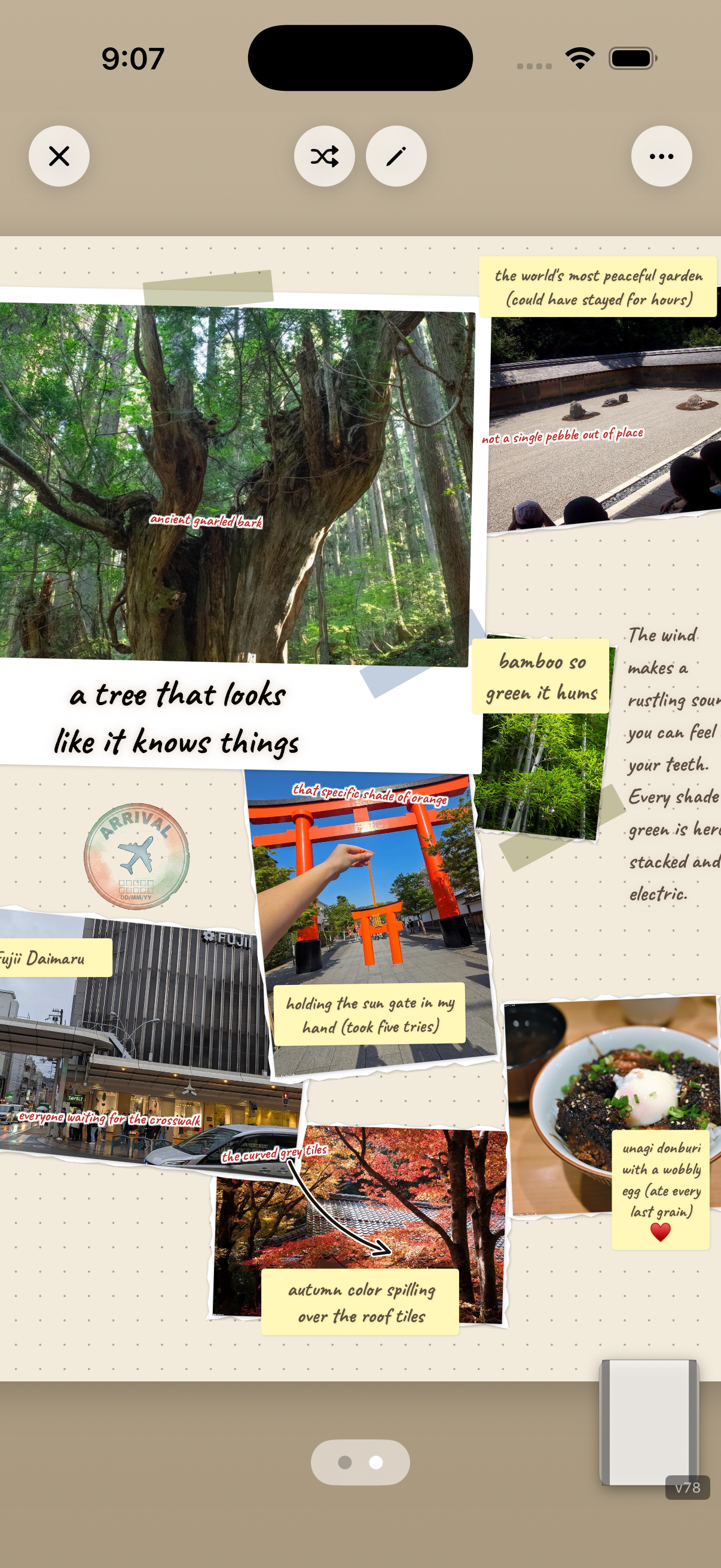 Dense scrapbook page with Kyoto temples, food, and handwritten captions