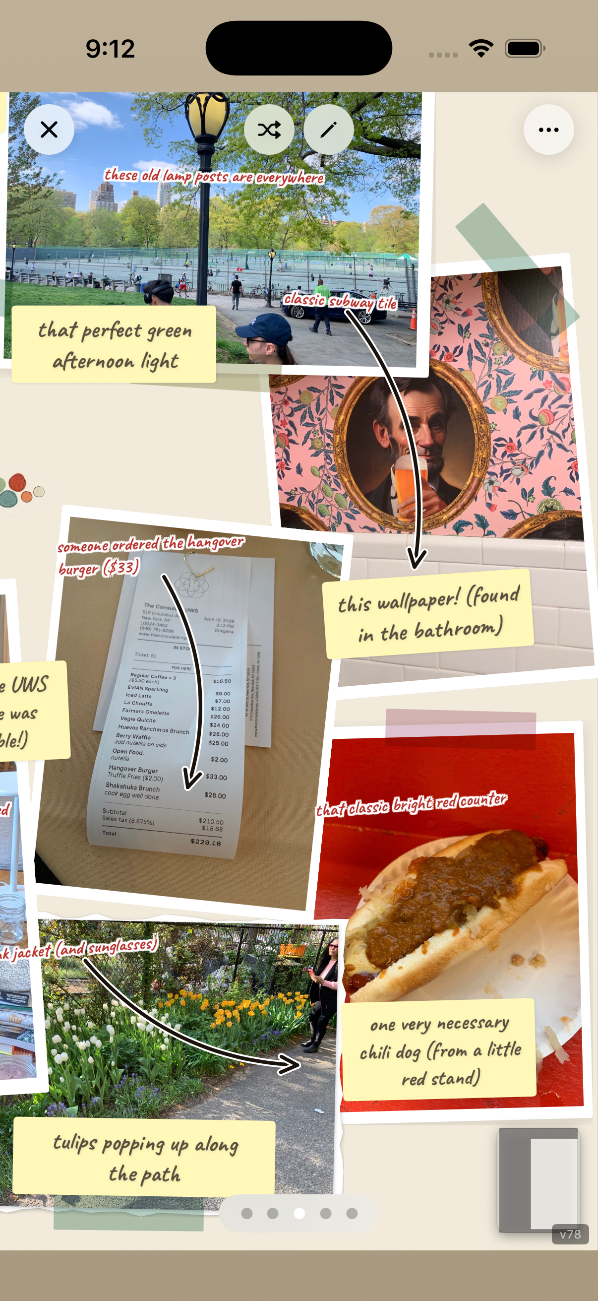 Journal page with park scenes, street food, and annotation arrows