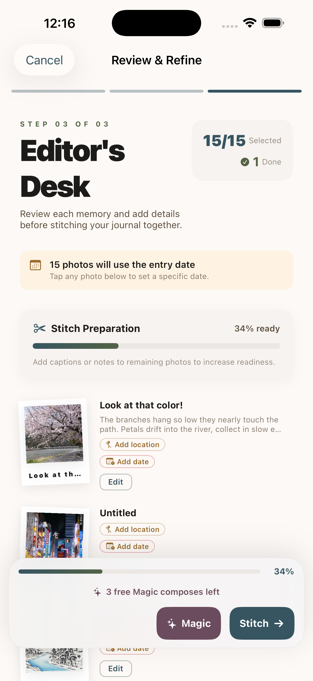 Mementoir wizard showing the Editor's Desk review step
